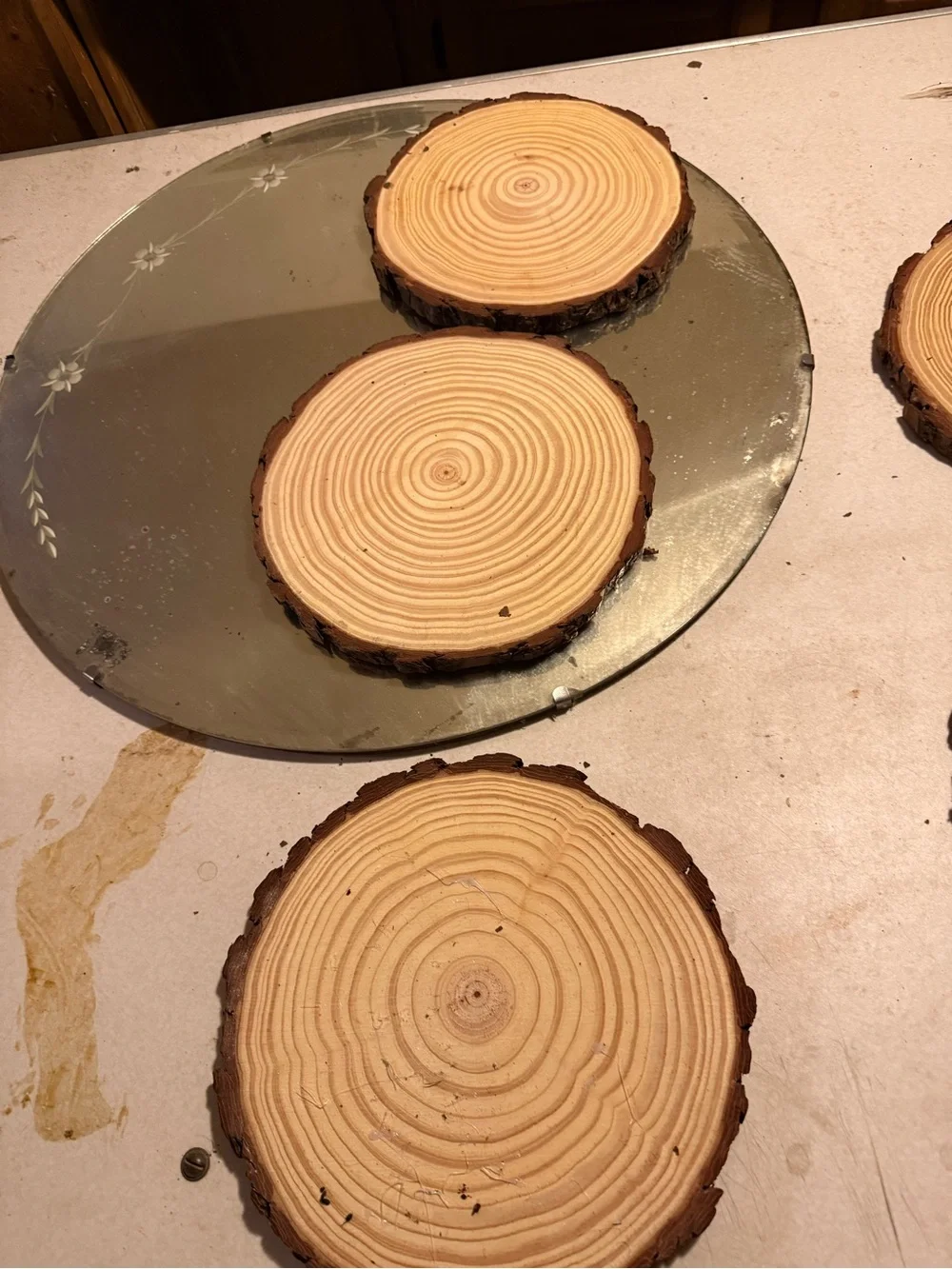 Rustic unfinished 11” wood slices- $20 ea or $80 for set of 4